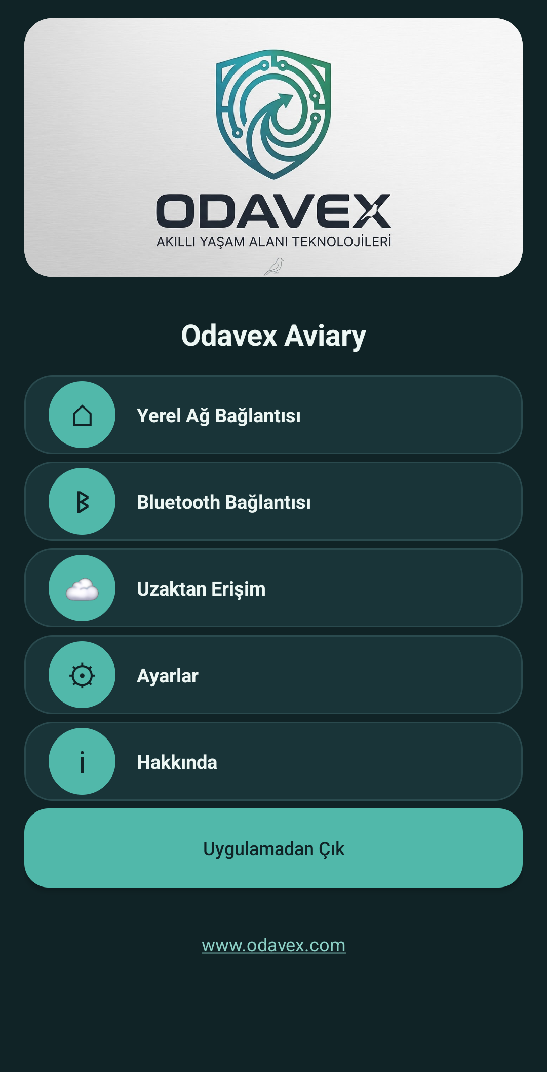 Telefondan alınan Odavex Aviary ana menüsü